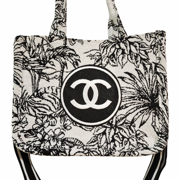 Designer Inspired Canvas B & W Jungle Print Tote/Crossbody Bag in Black