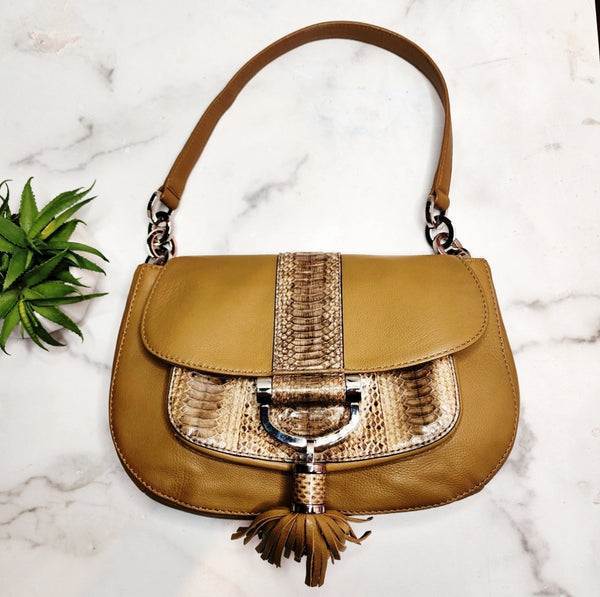 Michael Kors Python Trim with Tassel  Shoulder Bag in Tan