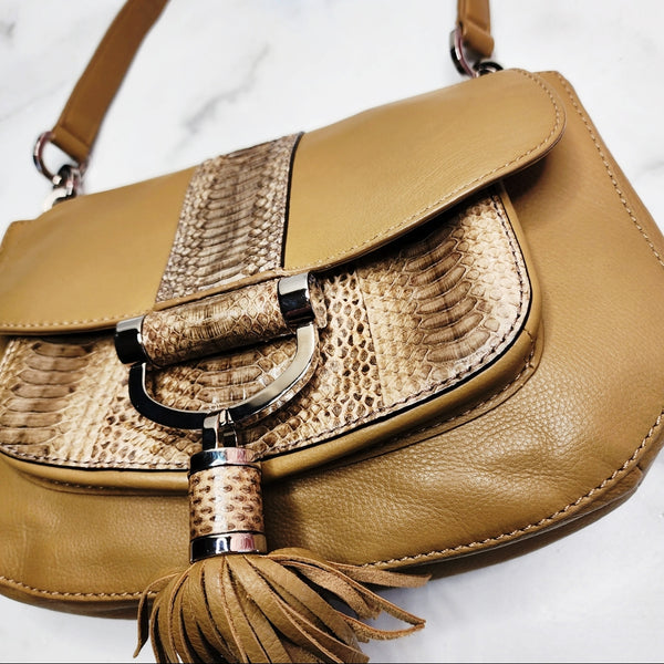 Michael Kors Python Trim with Tassel  Shoulder Bag in Tan