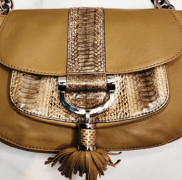 Michael Kors Python Trim with Tassel  Shoulder Bag in Tan