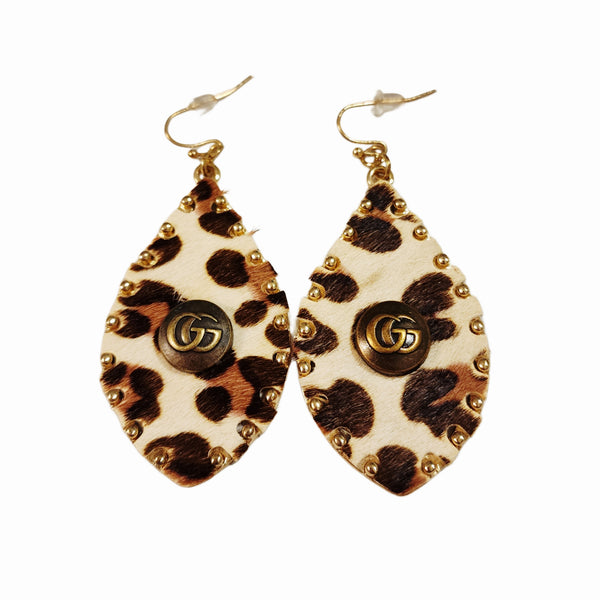 Designer Button Adorned Hair on Hide Cowhide Studded Earrings