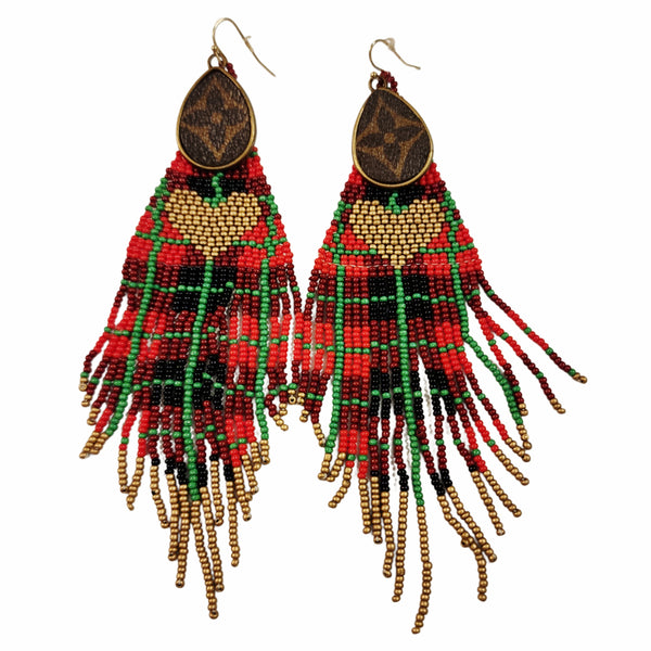 Beaded Plaid Heart Fringe Chandelier Earrings with Repurposed LV Monogram Canvas Charms