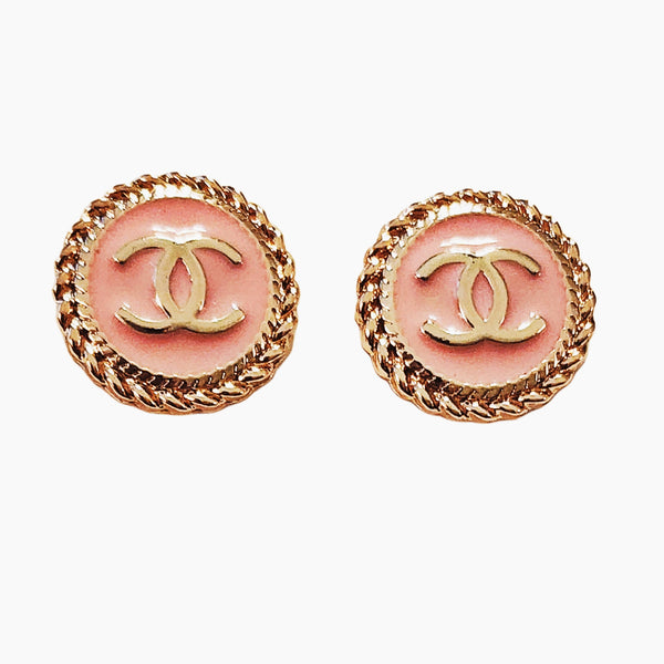 Designer CC Buttons Reimagined as Pink / Gold Stud Earrings