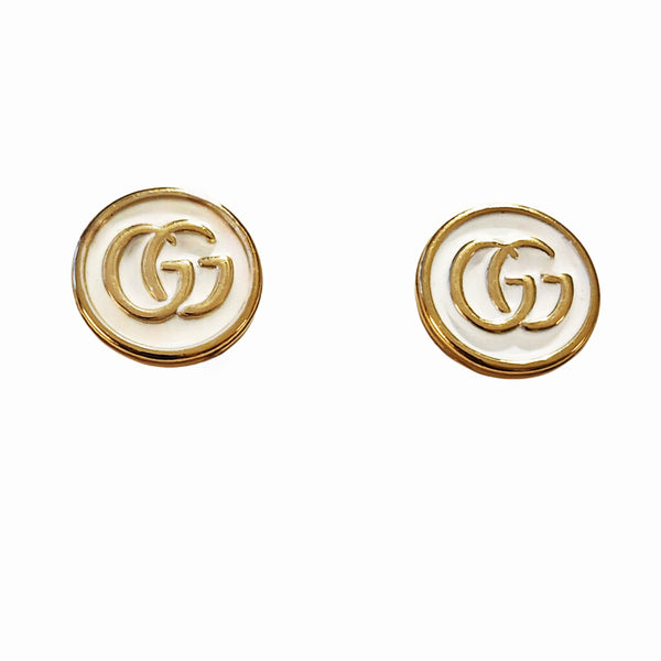 Designer GG Buttons Reimagined as White / Gold Stud Earrings