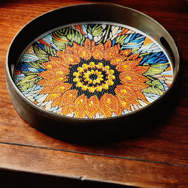 Handcrafted Beaded Sunflower Round Serving Tray