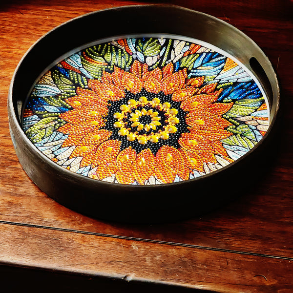 Handcrafted Beaded Sunflower Round Serving Tray