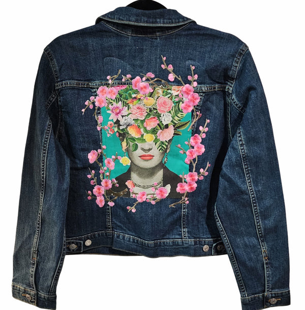 Vintage Levi's Denim Jean Jacket w/ Custom Frida Kahlo Inspired Back Design, Size XL