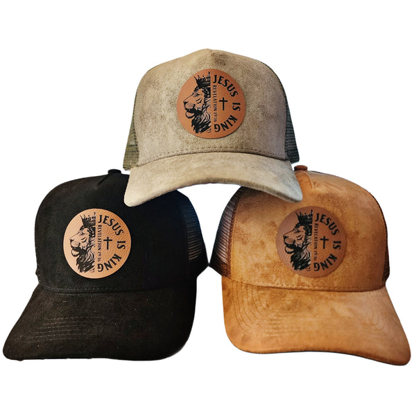 Suede Adjustable Baseball Caps Trucker Hats With Vegan Leather Lion of Judah Patch, Unisex