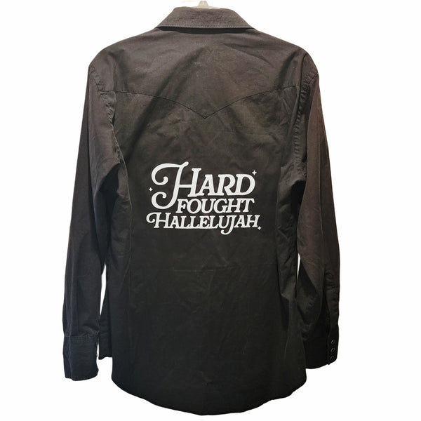 Hard Fought Hallelujah Wrangler Cowboy Cut Black Pearl Snap Western Custom Upcycled Shirt, Men's M