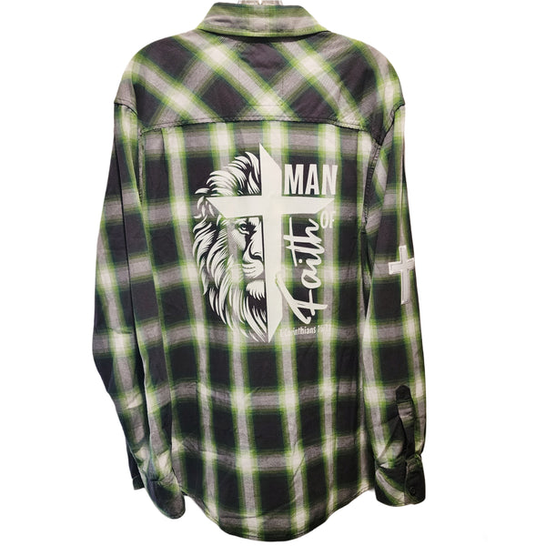 Man of Faith Lion of Judah Green Plaid Shirt, Men's XL
