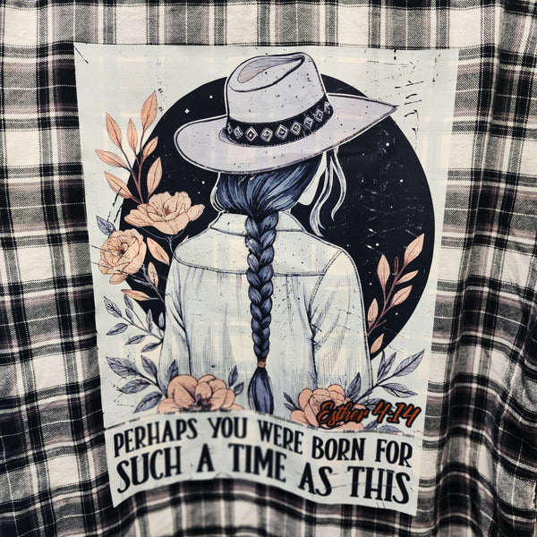 Perhaps You Were Born for Such a Time as This Custom Christian Upcycled Plaid Flannel Shirt, Women's L