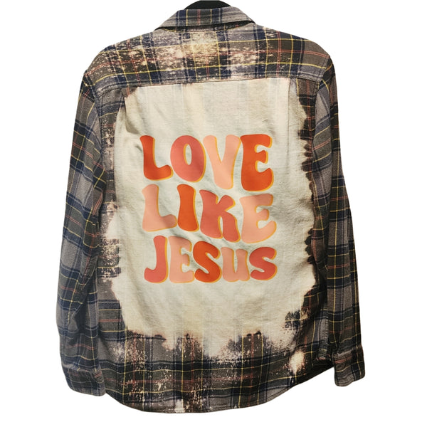 Love Like Jesus Custom Upcycled Plaid Flannel Shirt, Women's M