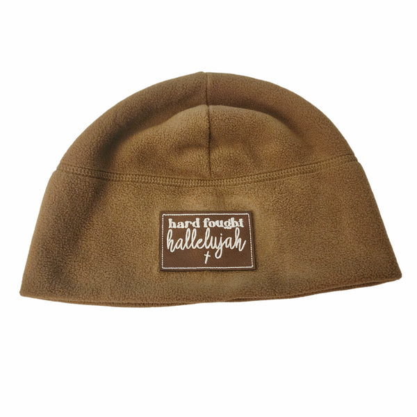 Hard Fought Hallelujah Vegan Leather Patch Upcycled Military Beanie, Unisex