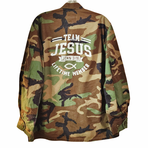 Team Jesus Custom Upcycled US Military Camo Jacket, Unisex M