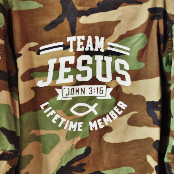 Team Jesus Custom Upcycled US Military Camo Jacket, Unisex M