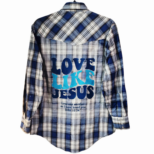 Love Like Jesus Custom Upcycled Plaid Pearl Snap Button Western Shirt, Women's S