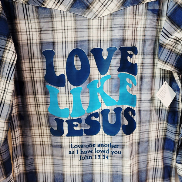 Love Like Jesus Custom Upcycled Plaid Pearl Snap Button Western Shirt, Women's S