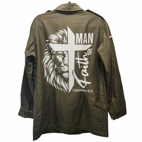 Man of Faith Lion of Judah Custom Upcycled Vintage Dutch Military Field Jacket, Men's M (Chest 40