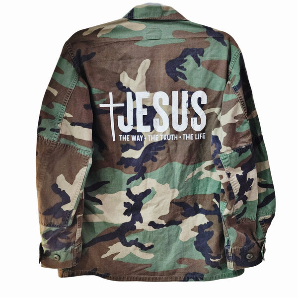 Jesus The Way The Truth & The Life Custom Upcycled US Military Camo Jacket, Unisex M