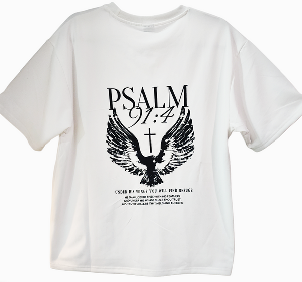 Psalm 91:4 Wings & Cross Back Print White T-Shirt, Men's