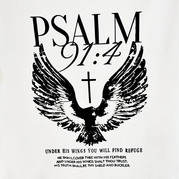 Psalm 91:4 Wings & Cross Back Print White T-Shirt, Men's