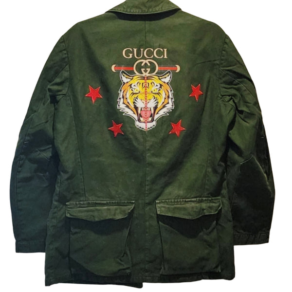 Custom Upcycled Vintage Swedish Military Jacket with Gucci Inspired Design, Size ML