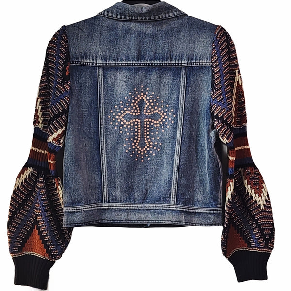 Christian Cross Custom Upcycled Knit Balloon Sleeve Jean Jacket, Women's S