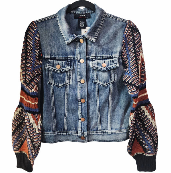 Christian Cross Custom Upcycled Knit Balloon Sleeve Jean Jacket, Women's S