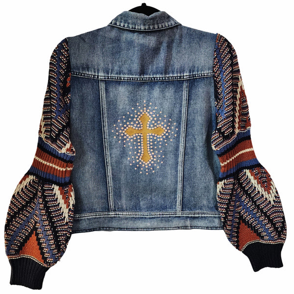 Christian Cross Custom Upcycled Knit Balloon Sleeve Jean Jacket, Women's S