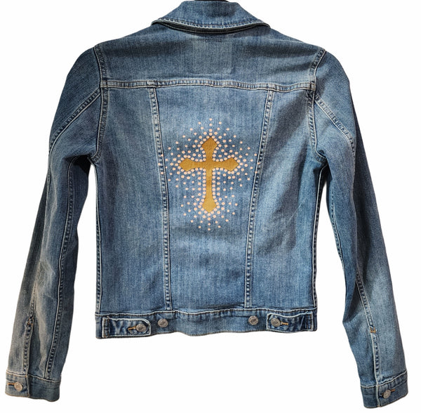 Christian Cross Custom Upcycled Jean Jacket, Women's XS