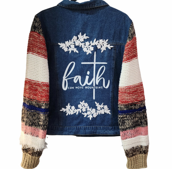 Faith Can Move Mountains Floral Custom Upcycled Sweater Sleeve Jean Jacket, Women's XL