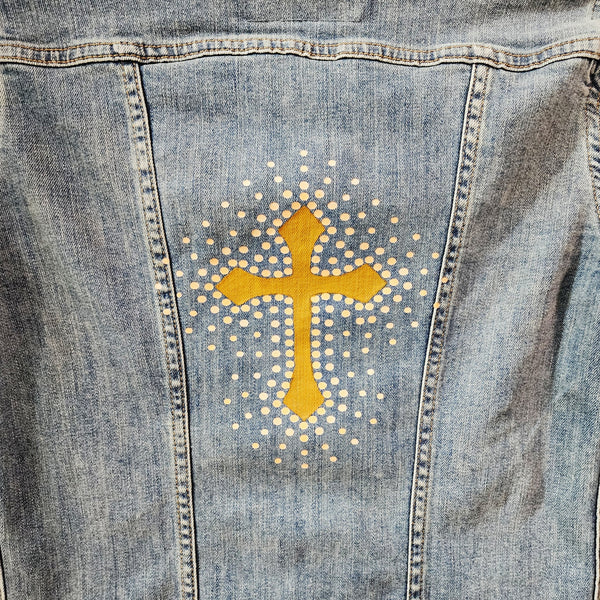 Christian Cross Custom Upcycled Jean Jacket, Women's XS