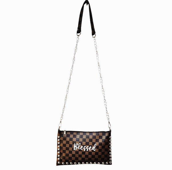 Blessed Modern Check Print Vegan Leather Studded Zip Top Crossbody/Shoulder Bag with Coordinating Strap