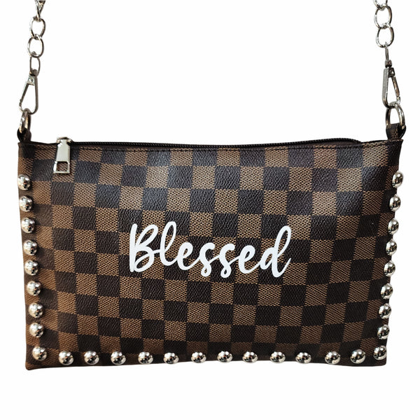 Blessed Modern Check Print Vegan Leather Studded Zip Top Crossbody/Shoulder Bag with Coordinating Strap