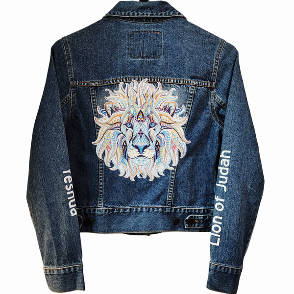 Yeshua The Lion of Judah Custom Upcycled Jean Jacket, Women's S