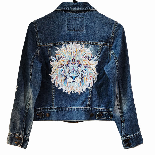 Yeshua The Lion of Judah Custom Upcycled Jean Jacket, Women's S