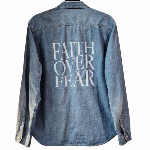 Faith Over Fear Custom Christian Upcycled Chambray Shirt, Women's L