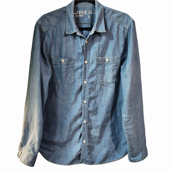 Faith Over Fear Custom Christian Upcycled Chambray Shirt, Women's L