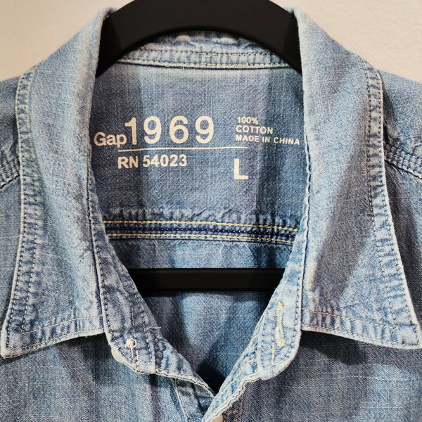 Faith Over Fear Custom Christian Upcycled Chambray Shirt, Women's L