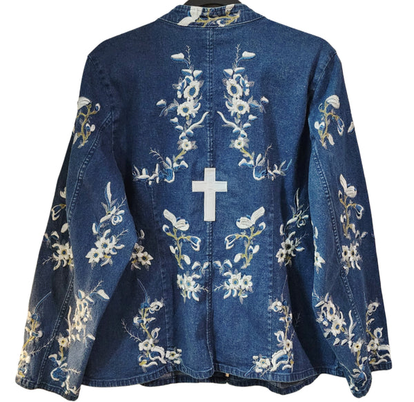 Christian Cross on Embroidered Jean Jacket, Women's XL
