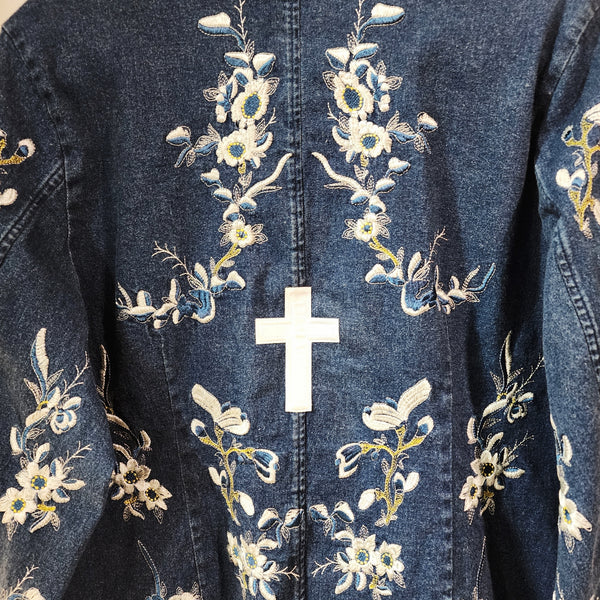 Christian Cross on Embroidered Jean Jacket, Women's XL