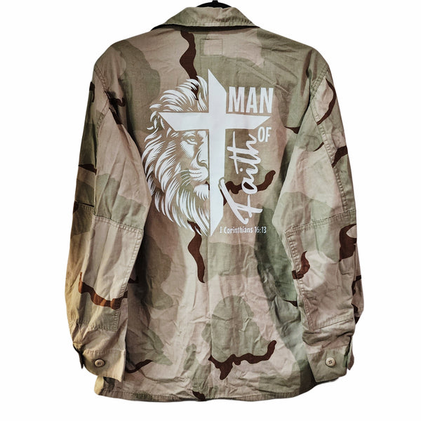 Man of Faith Lion of Judah Custom Upcycled U.S. Navy Gulf War Desert Storm Camo Military Camo Jacket, Men's M