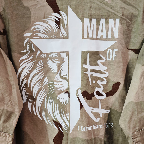 Man of Faith Lion of Judah Custom Upcycled U.S. Navy Gulf War Desert Storm Camo Military Camo Jacket, Men's M