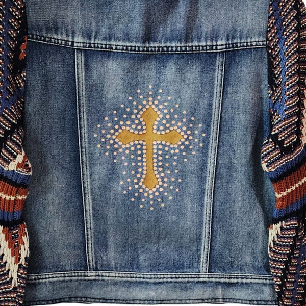 Christian Cross Custom Upcycled Knit Balloon Sleeve Jean Jacket, Women's S