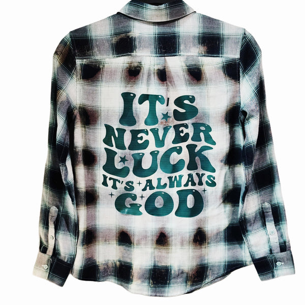 It's Never Luck It's Always God Upcycled Plaid Flannel Shirt, Women's XXS