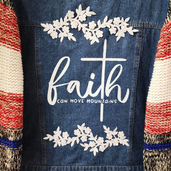 Faith Can Move Mountains Floral Custom Upcycled Sweater Sleeve Jean Jacket, Women's XL