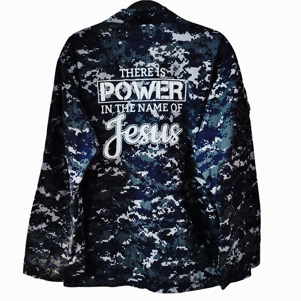 There is Power in The Name of Jesus U.S. Navy Digital Camo Jacket in Navy, Unisex M/L