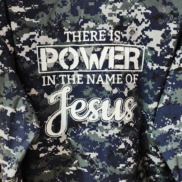 There is Power in The Name of Jesus U.S. Navy Digital Camo Jacket in Navy, Unisex M/L
