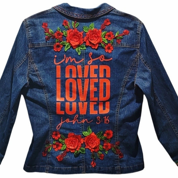 I'm So Loved John 3:16 Custom Christian Upcycled Denim Jacket with Floral Embroidery Details & Studs, Women's Size 8