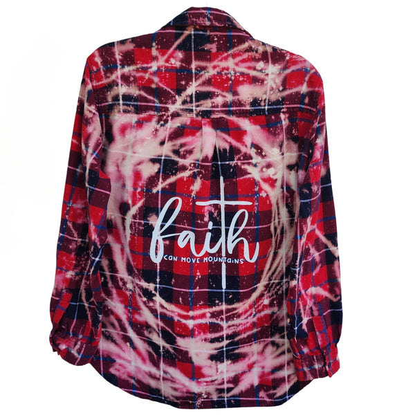 Faith Can Move Mountains Custom Christian Upcycled Plaid Flannel Shirt, L
